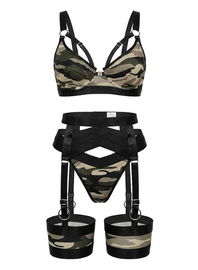 MARGOUN Women's 4-Piece Strappy Lingerie Set with Garter Belt, Underwire Strappy Bra, Cutout High-Waisted Cincher, Thong, and Thigh-High Stockings Exotic Underwear Ensemble - Camo Green - Image 3