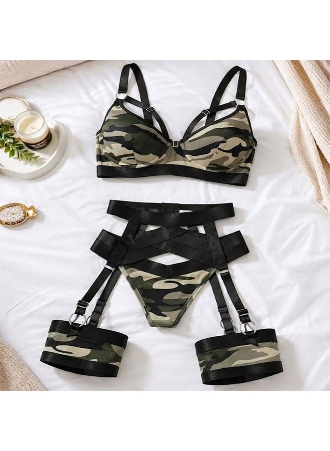 MARGOUN Women's 4-Piece Strappy Lingerie Set with Garter Belt, Underwire Strappy Bra, Cutout High-Waisted Cincher, Thong, and Thigh-High Stockings Exotic Underwear Ensemble - Camo Green - Image 4