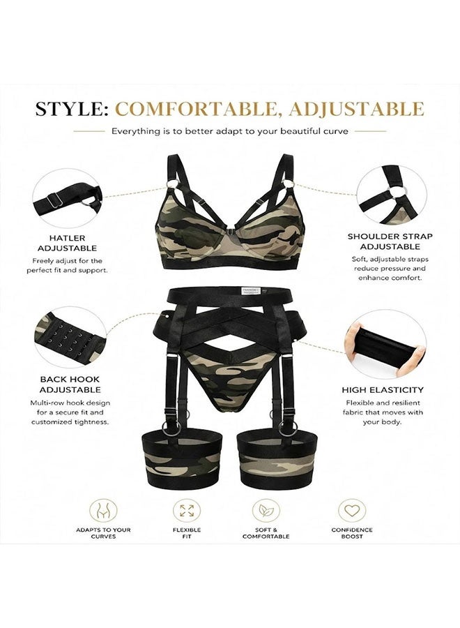 MARGOUN Women's 4-Piece Strappy Lingerie Set with Garter Belt, Underwire Strappy Bra, Cutout High-Waisted Cincher, Thong, and Thigh-High Stockings Exotic Underwear Ensemble - Camo Green - Image 5
