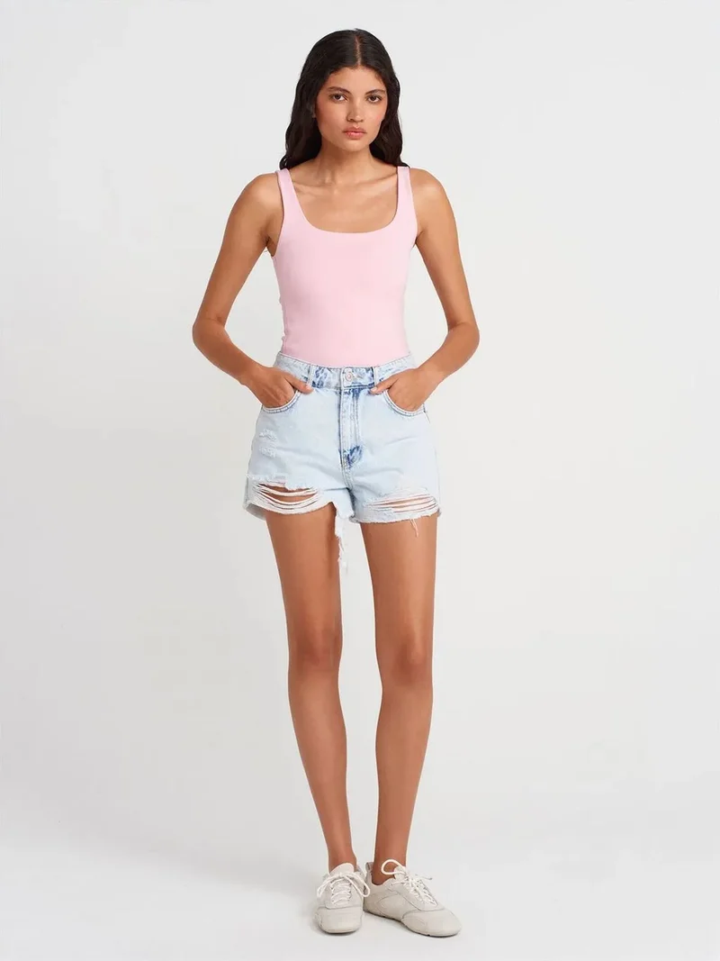 Dilvin DILVIN Ribbed Square-neck Sleeveless Blouse