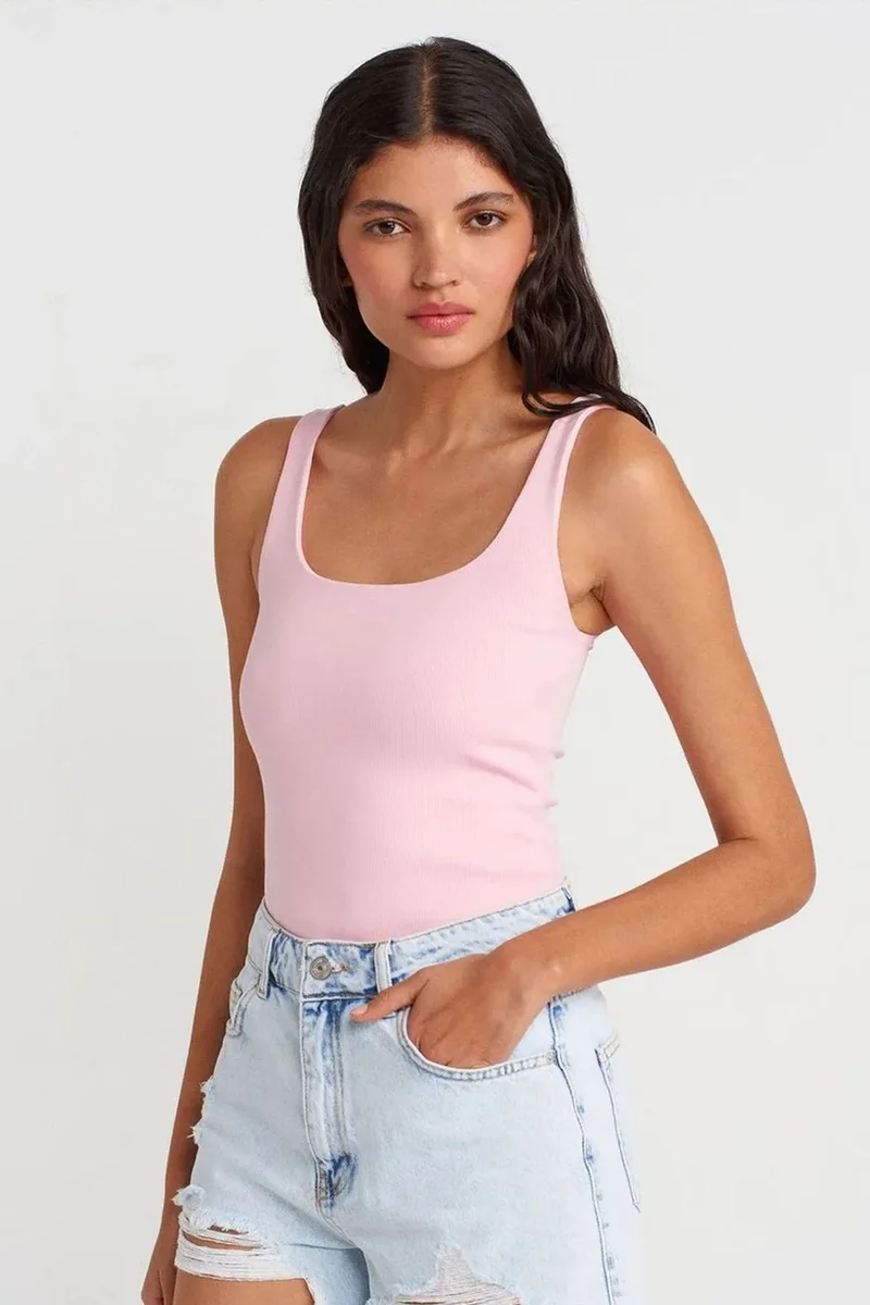 ديلفين DILVIN Ribbed Square-neck Sleeveless Blouse