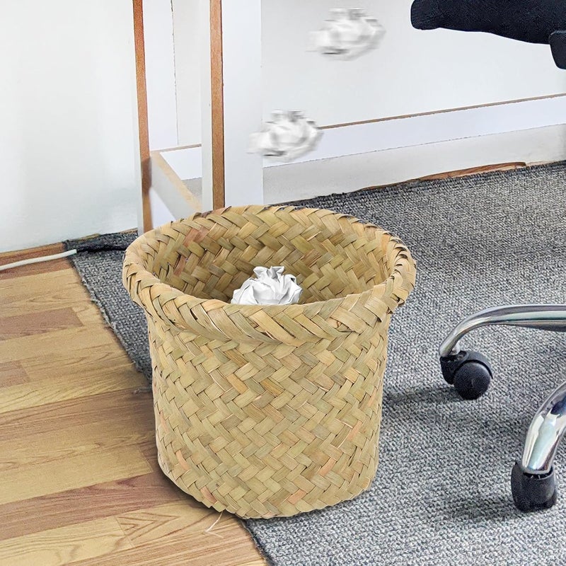 Woven Seagrass Trash Bucket Small 15x12cm Natural Color Wear-Resistant Floor Wastebasket for Home Bedroom Office Convenient Room Trash Can - Image 3