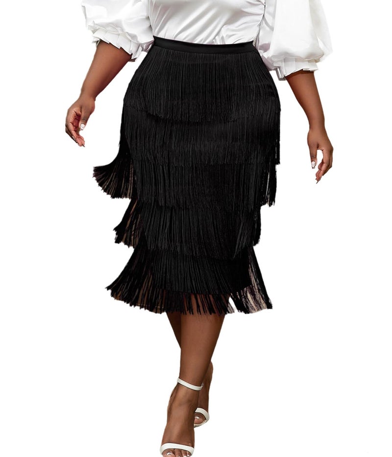 AOMEI Womens Black High Waist Fringe Tiered Bodycon Pencil Midi Skirt 1XL