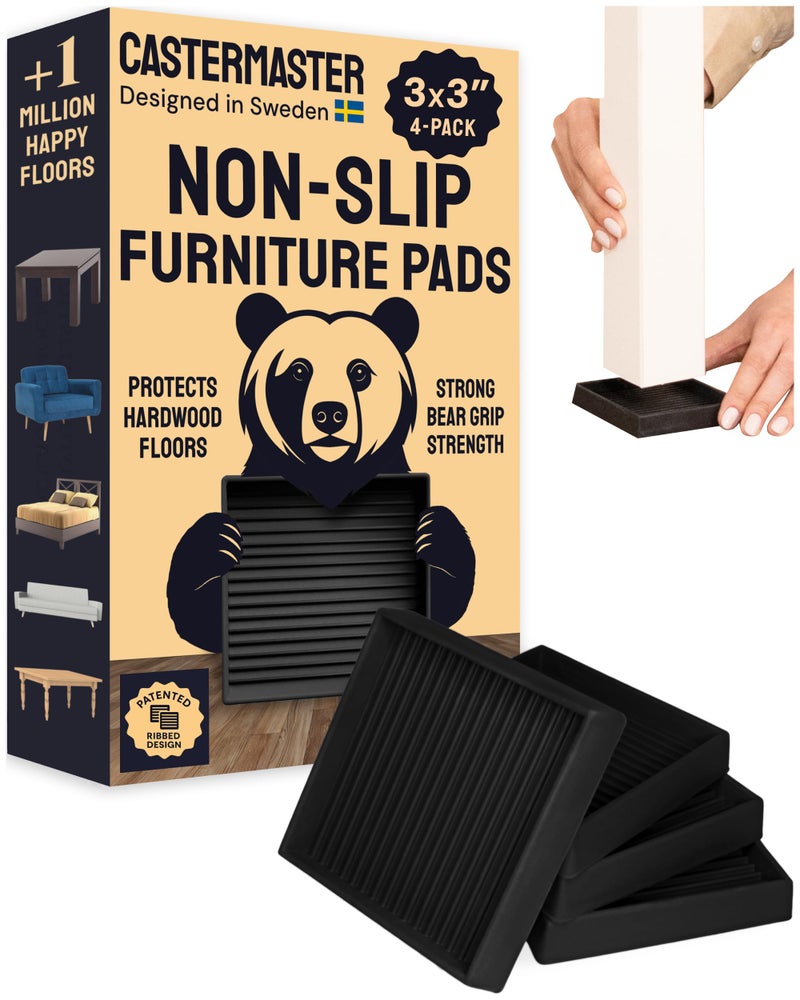 CasterMaster Square Rubber Caster Cups Black 3 x 3 Pack of 4 Furniture Sliders for Hardwood Floors NoiseDampening Rubber Feet Floor Protectors for Furniture