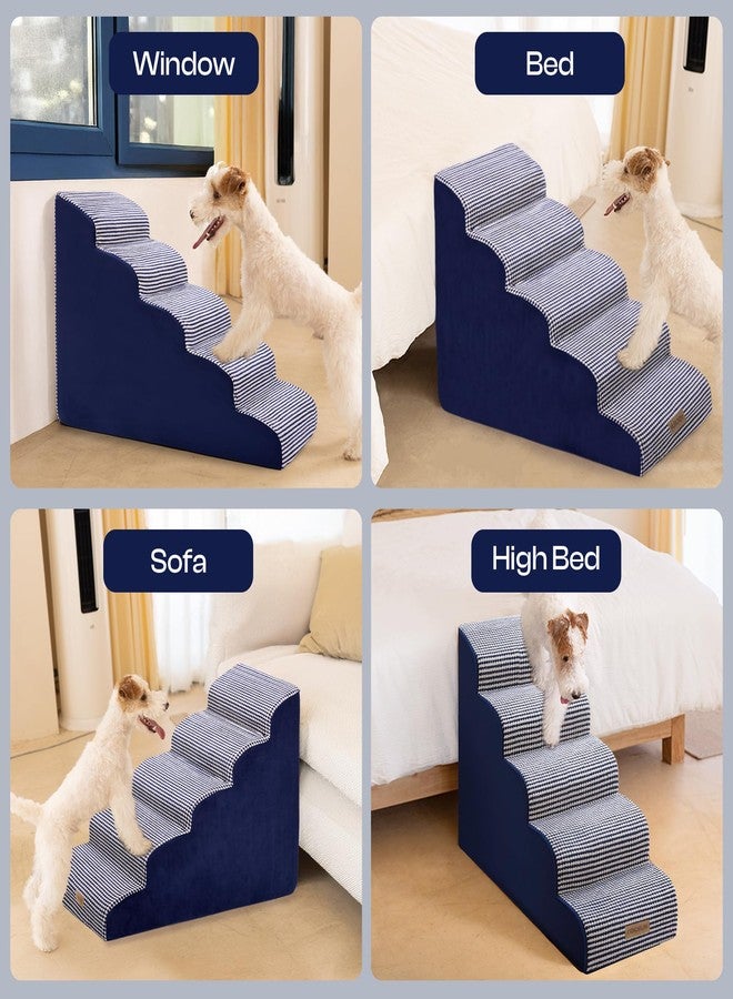 Miorun Curved Dog Stairs for High Bed Up to 26", 5-Step Dog Ramp for Small Dogs with Washable Cover, Non-Slip Steps for Cats to Get on Couch and Sofa, Durable Foam Ladder for Medium Breeds, White Navy - Image 4