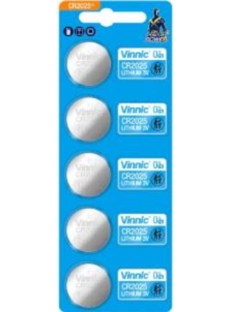5-Pieces Vinnic CR2025 Lithium 3V Positive Power 0%Hg Batteries