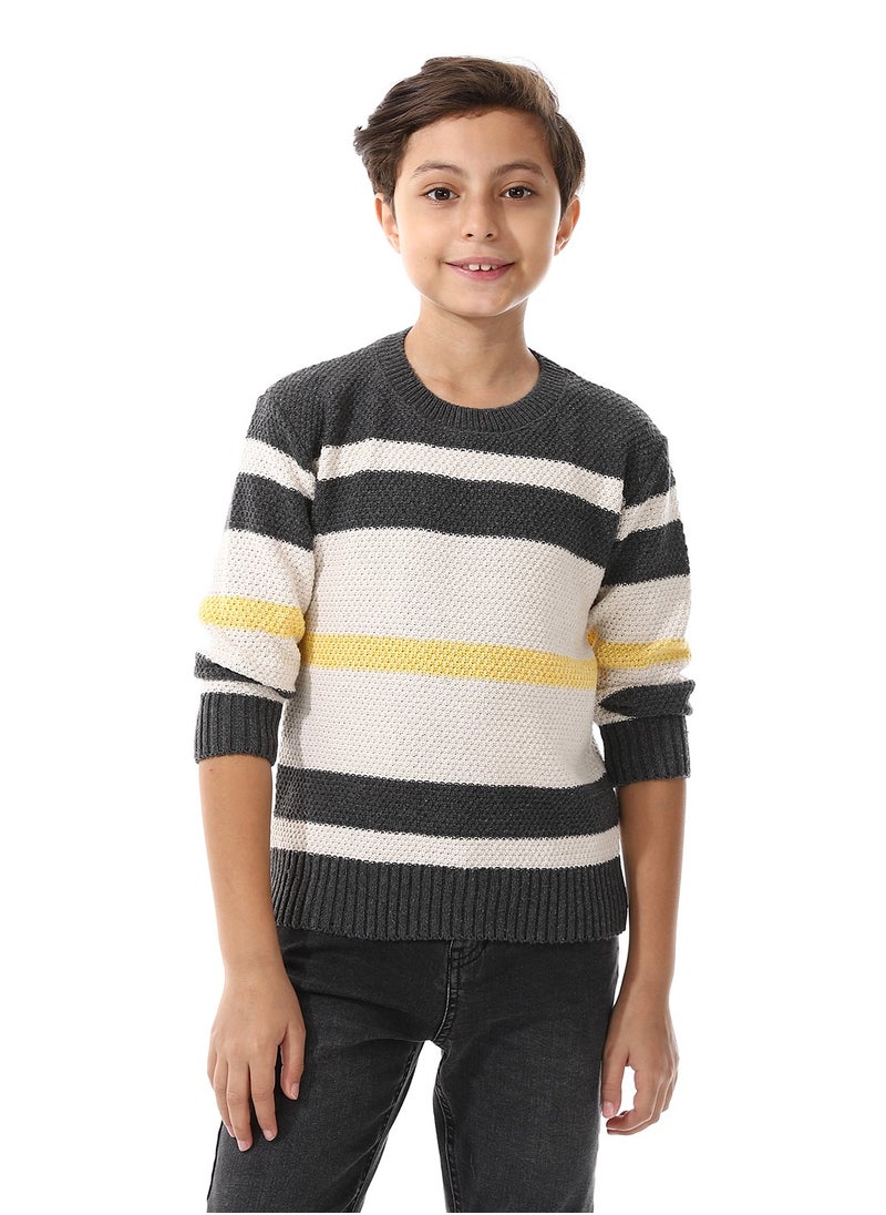 Andora Long Sleeves Striped Boys Pullover - Grey, Off White & Yellow_ Grey, Off White & Yellow  - Image 1