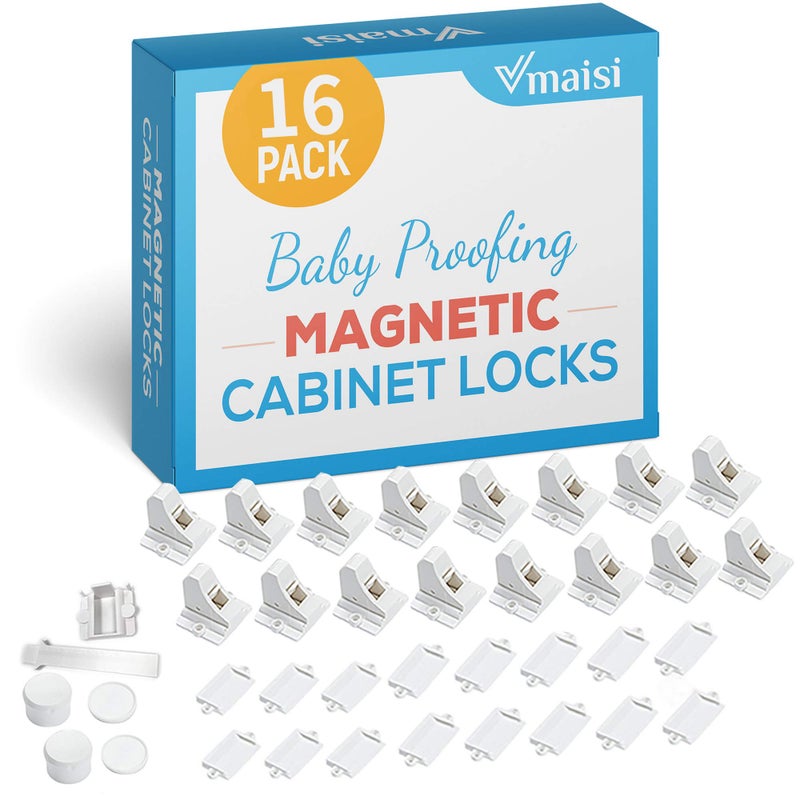 vmaisi 16 Pack Child Safety Magnetic Cabinet Locks - Vmaisi Children Proof Cupboard Baby Locks Latches - Adhesive for Cabinets & Drawers and Screws Fixed for Protection - Image 1