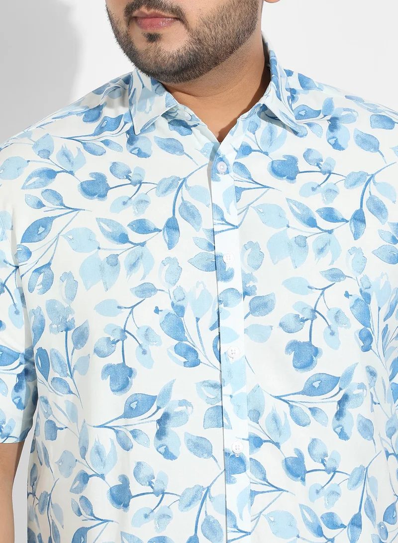 Instafab Plus Instafab Plus Men's White & Blue Artistic Foliage Print Shirt For Casual Wear | Spread Collar | Short Sleeve | Button Closure | Heavy Rayon Shirts Crafted With Comfort Fit For Everyday Wear