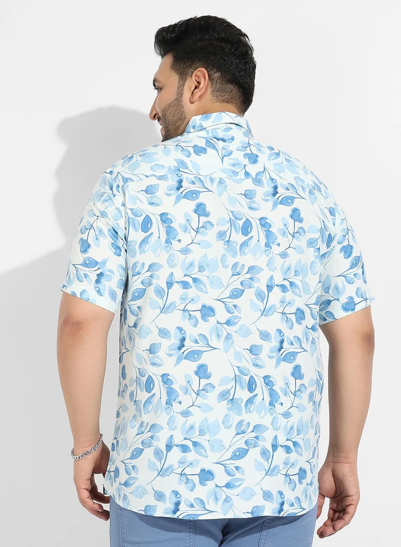 Instafab Plus Instafab Plus Men's White & Blue Artistic Foliage Print Shirt For Casual Wear | Spread Collar | Short Sleeve | Button Closure | Heavy Rayon Shirts Crafted With Comfort Fit For Everyday Wear