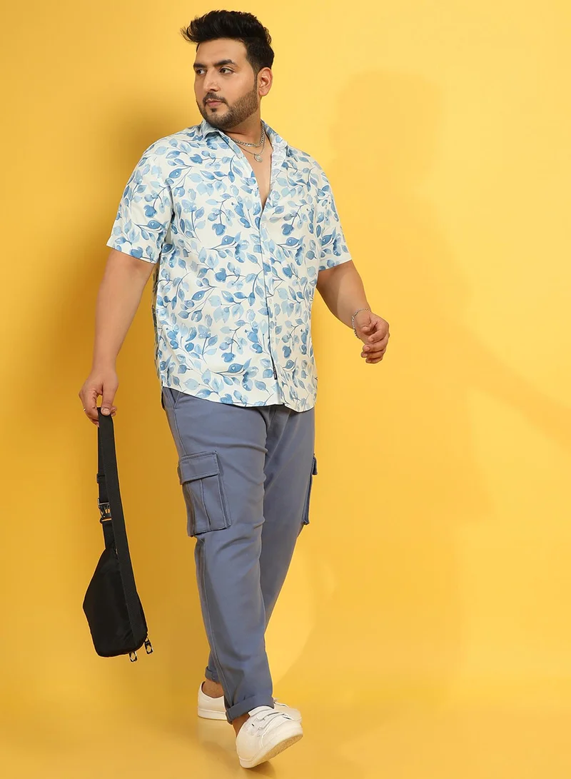 Instafab Plus Instafab Plus Men's White & Blue Artistic Foliage Print Shirt For Casual Wear | Spread Collar | Short Sleeve | Button Closure | Heavy Rayon Shirts Crafted With Comfort Fit For Everyday Wear