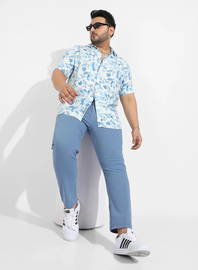 Instafab Plus Instafab Plus Men's White & Blue Artistic Foliage Print Shirt For Casual Wear | Spread Collar | Short Sleeve | Button Closure | Heavy Rayon Shirts Crafted With Comfort Fit For Everyday Wear