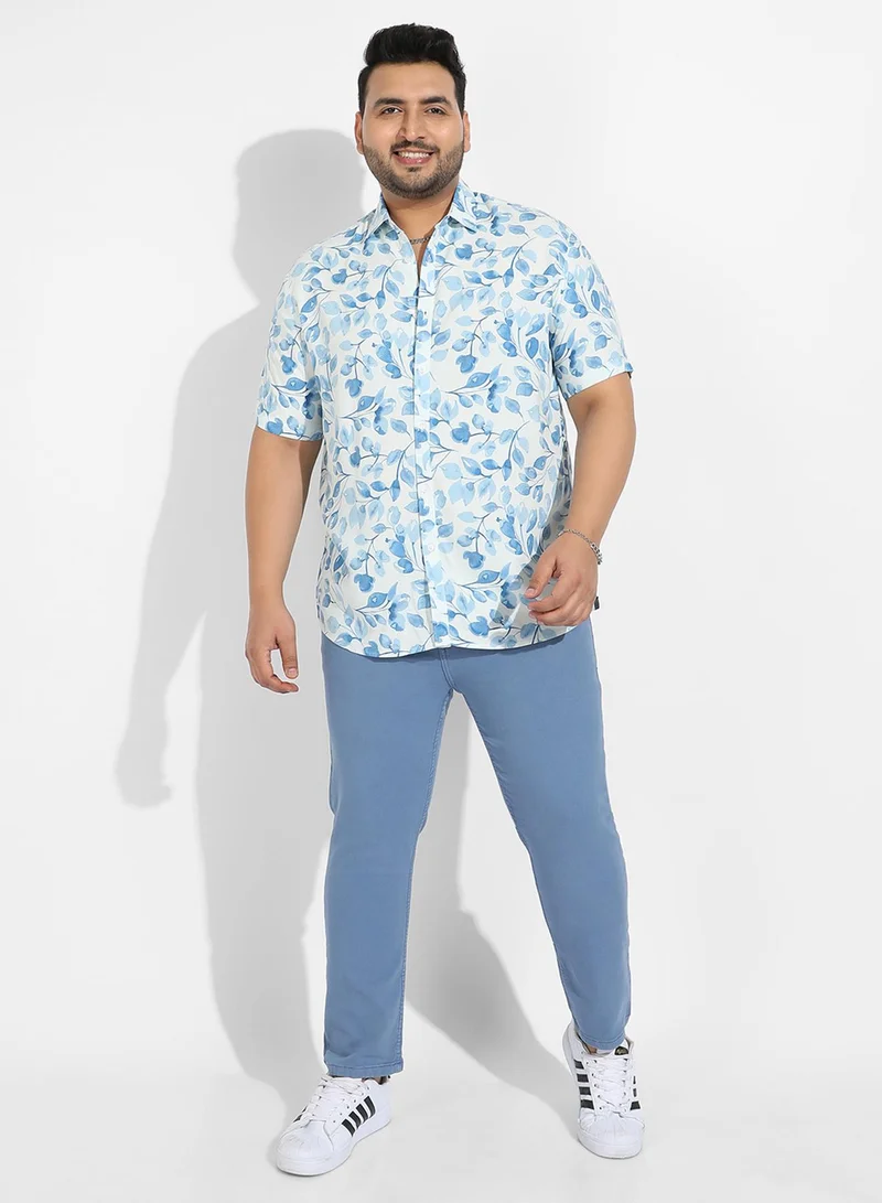 Instafab Plus Instafab Plus Men's White & Blue Artistic Foliage Print Shirt For Casual Wear | Spread Collar | Short Sleeve | Button Closure | Heavy Rayon Shirts Crafted With Comfort Fit For Everyday Wear