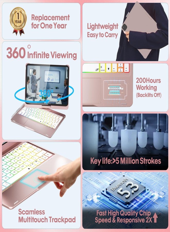 BABG TouchPad Keyboard Case for iPad 10th Generation&iPad 11th(A16,2025),iPad Air 11（M3,M2/iPad Pro 11 inch Keyboard&iPad Air 5th/Air 4th Keyboard, 360°Swivel,7 Use Modes,Rainbow Backlight- Rose Gold - Image 3