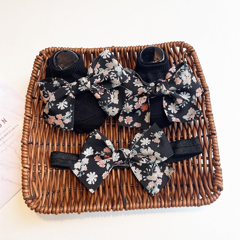 Generic Cute Newborn Socks and Headband Set Cartoon Korean Style Baby Accessories Floral Bow (Black) 