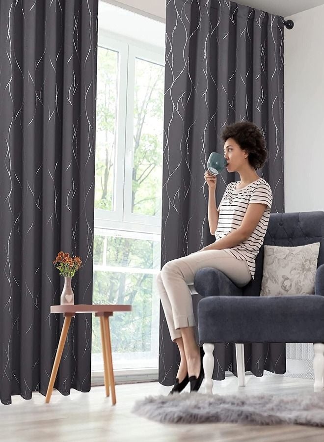 كيلا ستارة نافذة قطعتين بمطبخ خط منقط - عازلة للحرارة والضوء مع تصميم حلقة معدنية - بفضة/رمادي غامق - تقلل الضوضاء وتنظم الحرارة - قابلة للغسيل الآلي لغرفة المعيشة وغرفة الأطفال - Image 1