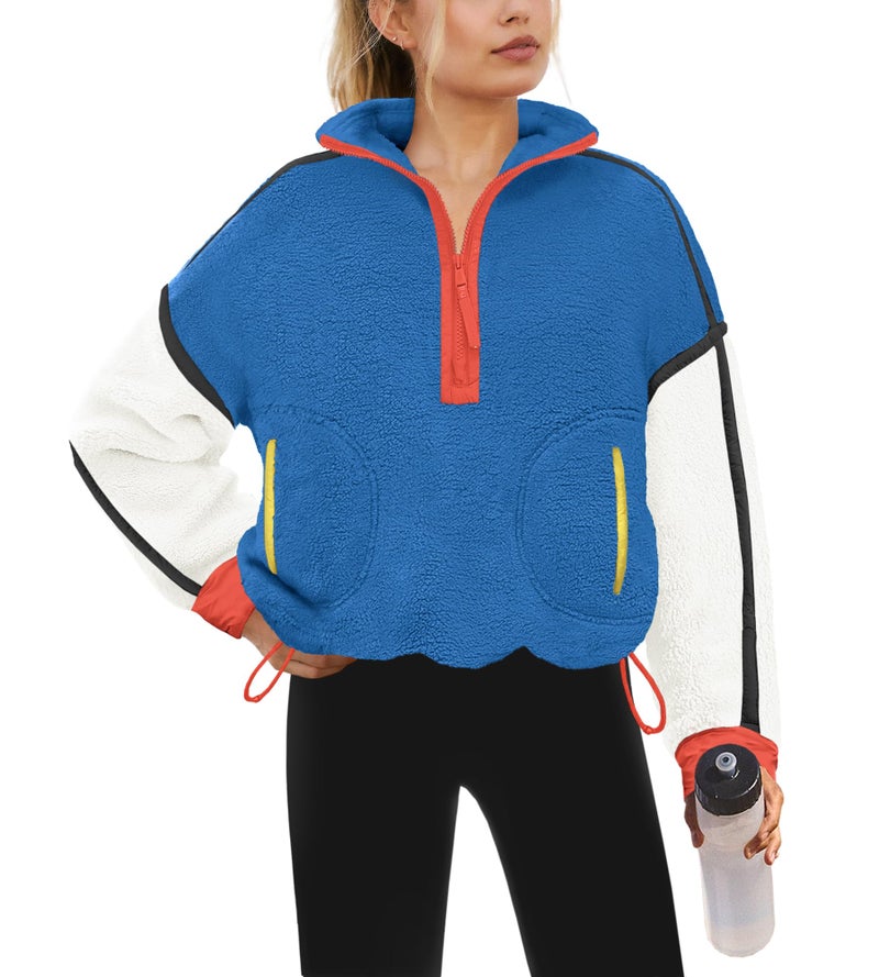 Yanekop Half Zip Pullover Women Oversized Fleece Jacket Sherpa Sweatshirt Fall Winter Cozy Sweaters with Pockets(Blue White,S) - Image 1