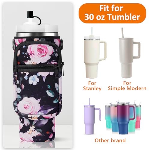 AceTreker Water Bottle Carrier Bag with Paracord Handle for Stanley 30 oz Tumbler Neoprene Insulated Mug Sleeve Sling with 2 Pockets & Adjustable Strap & Straw Cap for Stanley Cup Accessories-Black Flower - Image 3