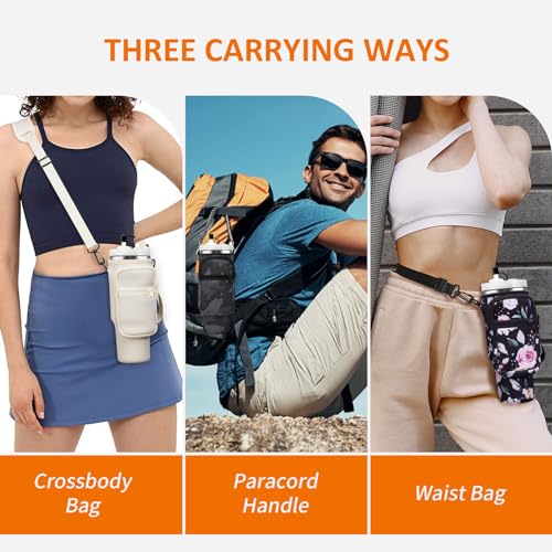 AceTreker Water Bottle Carrier Bag with Paracord Handle for Stanley 30 oz Tumbler Neoprene Insulated Mug Sleeve Sling with 2 Pockets & Adjustable Strap & Straw Cap for Stanley Cup Accessories-Black Flower - Image 4