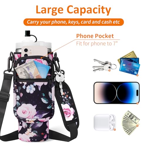 AceTreker Water Bottle Carrier Bag with Paracord Handle for Stanley 30 oz Tumbler Neoprene Insulated Mug Sleeve Sling with 2 Pockets & Adjustable Strap & Straw Cap for Stanley Cup Accessories-Black Flower - Image 5