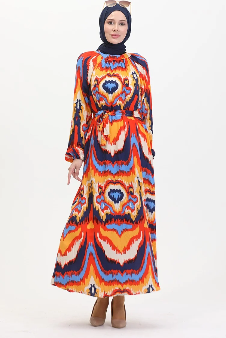 Sefa Merve Patterned Belted Viscose Dress 0501-02 Navy Blue Coral