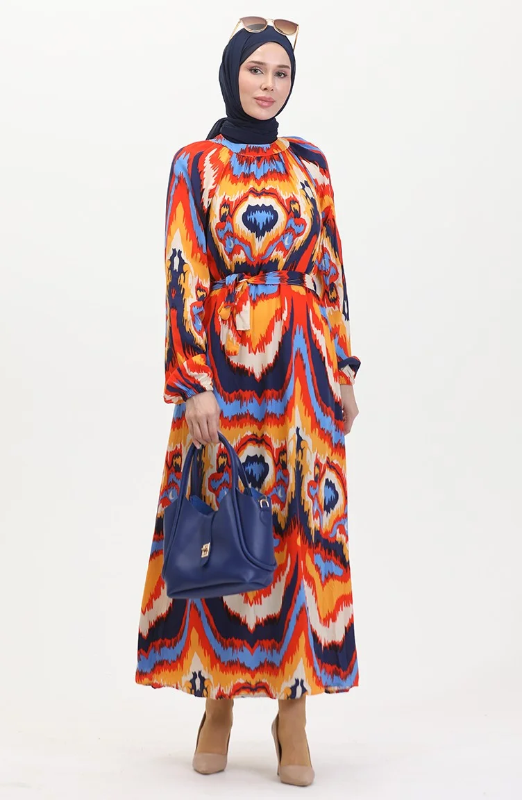 Sefa Merve Patterned Belted Viscose Dress 0501-02 Navy Blue Coral