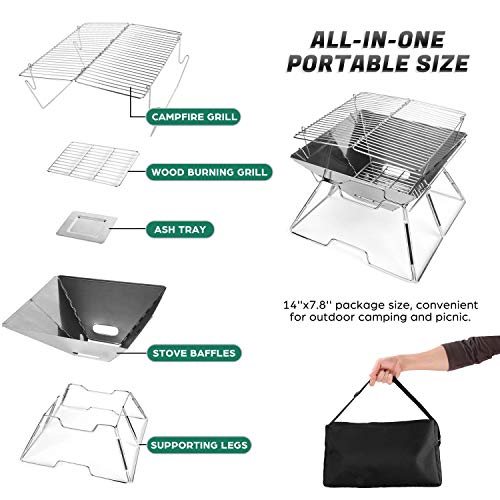 Odoland Folding Campfire Grill, 304 Stainless Steel Grate Barbeque Grill, Portable Camping Grill with Legs for Picnics, Backpacking, Outdoor with Carrying Bag and Kitchen Tongs - Image 3