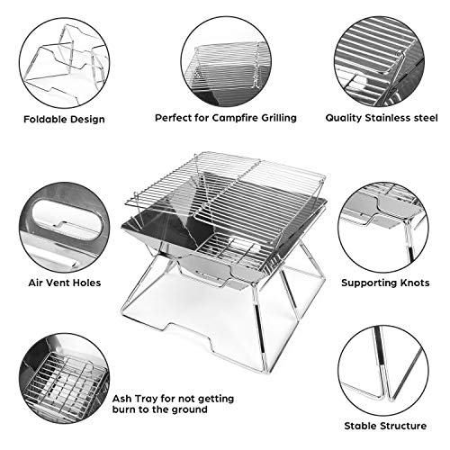 Odoland Folding Campfire Grill, 304 Stainless Steel Grate Barbeque Grill, Portable Camping Grill with Legs for Picnics, Backpacking, Outdoor with Carrying Bag and Kitchen Tongs - Image 5