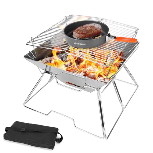 Odoland Folding Campfire Grill, 304 Stainless Steel Grate Barbeque Grill, Portable Camping Grill with Legs for Picnics, Backpacking, Outdoor with Carrying Bag and Kitchen Tongs - Image 1