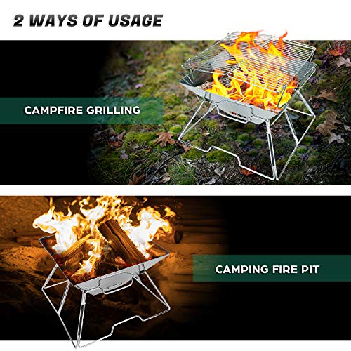 Odoland Folding Campfire Grill, 304 Stainless Steel Grate Barbeque Grill, Portable Camping Grill with Legs for Picnics, Backpacking, Outdoor with Carrying Bag and Kitchen Tongs - Image 2