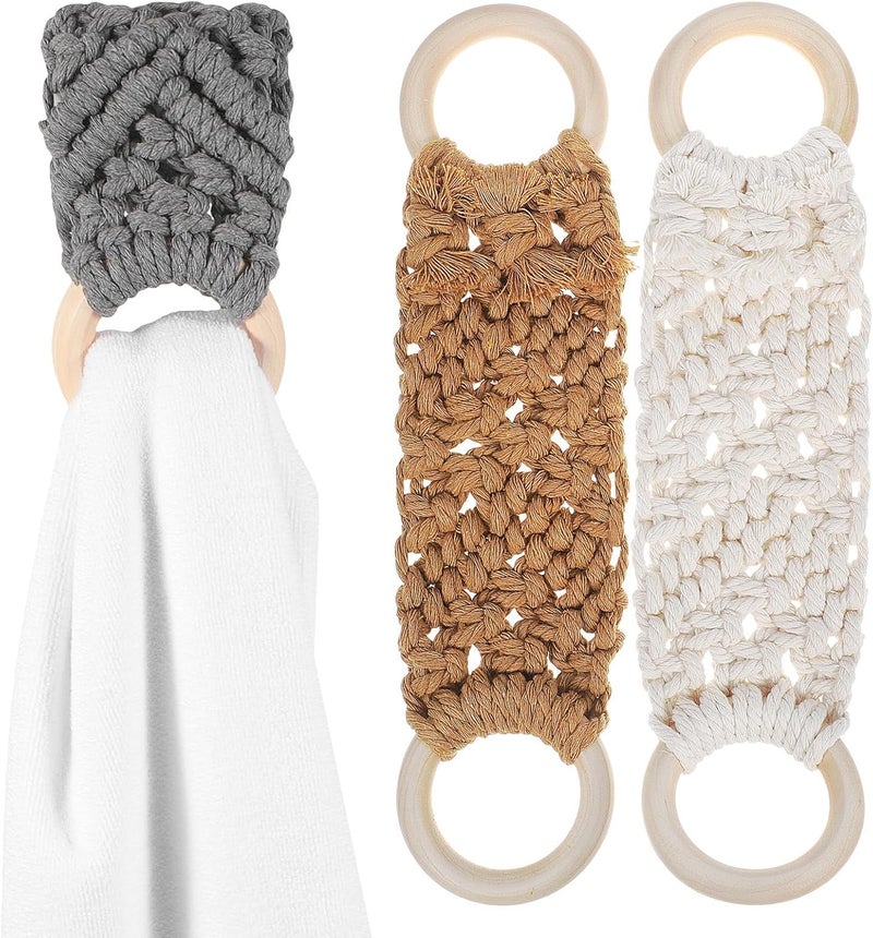 UKCOCO Handmade Crochet Towel Rings Macrame Dish Towel Holder Nordic Style 3pcs White Gray Light Brown for Kitchen and Bathroom Hanging - Image 1
