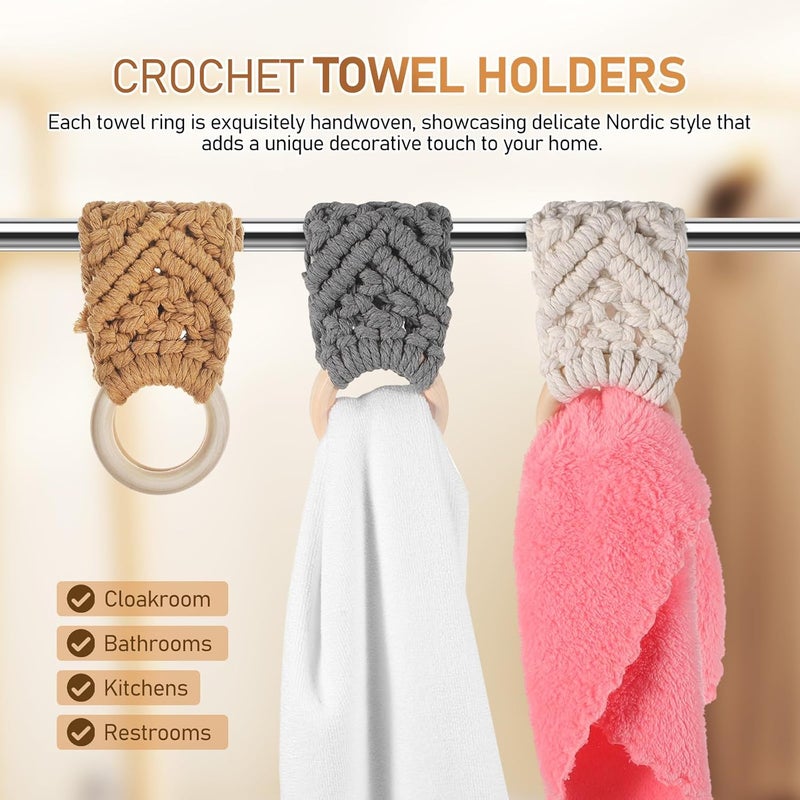 UKCOCO Handmade Crochet Towel Rings Macrame Dish Towel Holder Nordic Style 3pcs White Gray Light Brown for Kitchen and Bathroom Hanging - Image 3