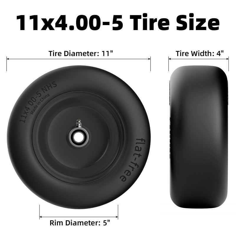 RONPOW 11x4.00-5 Lawn Mower Tires Flat Free and Wheel, 11x4-5 Solid Front Tires for Zero Turn Mower, 350Lbs Load, 3/4", 5/8" and 1/2" Bearings, 3.4"-5.8" Hub for Residential Commercial, 2Pack Black - Image 2