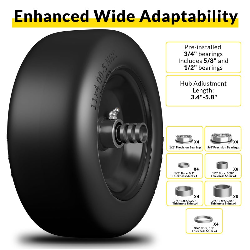 RONPOW 11x4.00-5 Lawn Mower Tires Flat Free and Wheel, 11x4-5 Solid Front Tires for Zero Turn Mower, 350Lbs Load, 3/4", 5/8" and 1/2" Bearings, 3.4"-5.8" Hub for Residential Commercial, 2Pack Black - Image 5