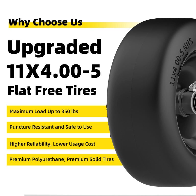 RONPOW 11x4.00-5 Lawn Mower Tires Flat Free and Wheel, 11x4-5 Solid Front Tires for Zero Turn Mower, 350Lbs Load, 3/4", 5/8" and 1/2" Bearings, 3.4"-5.8" Hub for Residential Commercial, 2Pack Black - Image 4