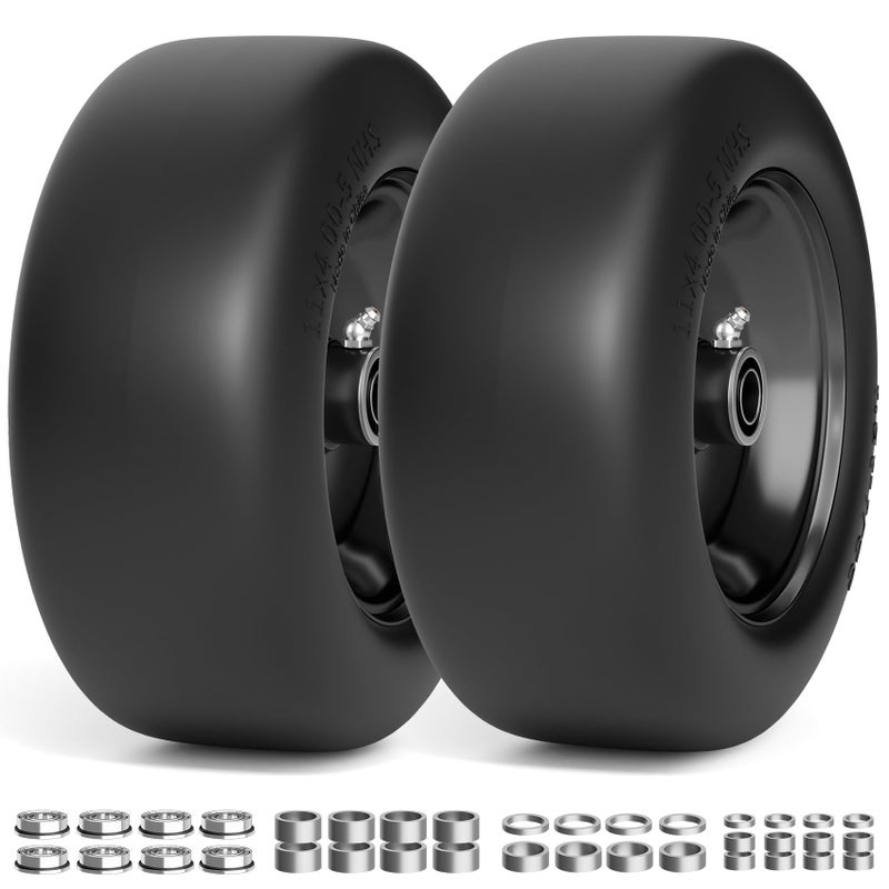 RONPOW 11x4.00-5 Lawn Mower Tires Flat Free and Wheel, 11x4-5 Solid Front Tires for Zero Turn Mower, 350Lbs Load, 3/4", 5/8" and 1/2" Bearings, 3.4"-5.8" Hub for Residential Commercial, 2Pack Black - Image 1