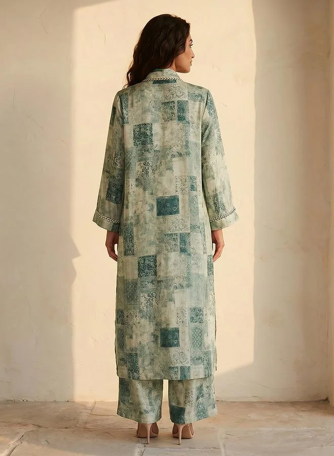 Splash FAV GREEN Smart Relaxed Fit Longline Printed Open Front Shrug for Women | Best Price UAE