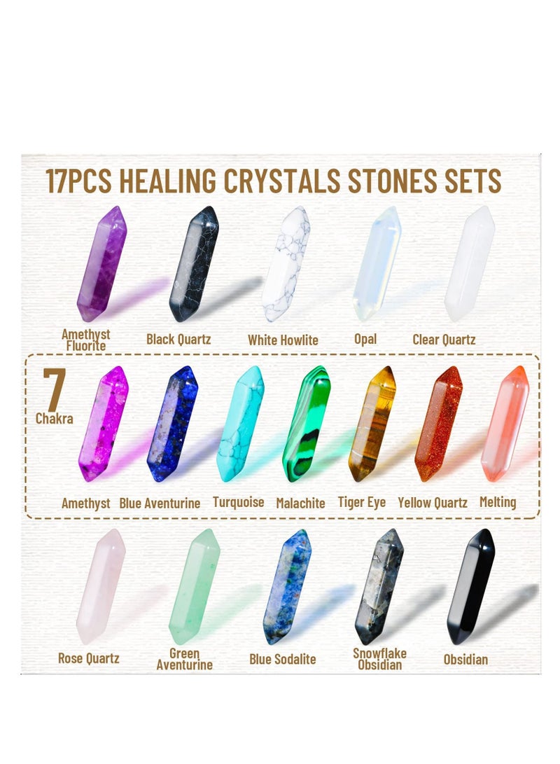 SYOSI 17Pcs Healing Crystals Stones Sets Hexagonal Bullet Shaped Reiki Meditation Gemstone Chakra Stones Tiger Eye Obsidian Quartz Crystals Gemstone Wand Set Pendants with Storage Box - Image 2