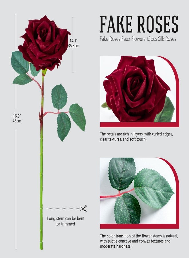Ttranewsoo Fake Roses Faux Flowers Silk Roses Artificial Roses with Stems Realistic Artificial Flowers Suitable for Indoor Home Decoration DIY Bouquet Wedding Decor Party Decor 16.5In (12PCS, Red) - Image 2