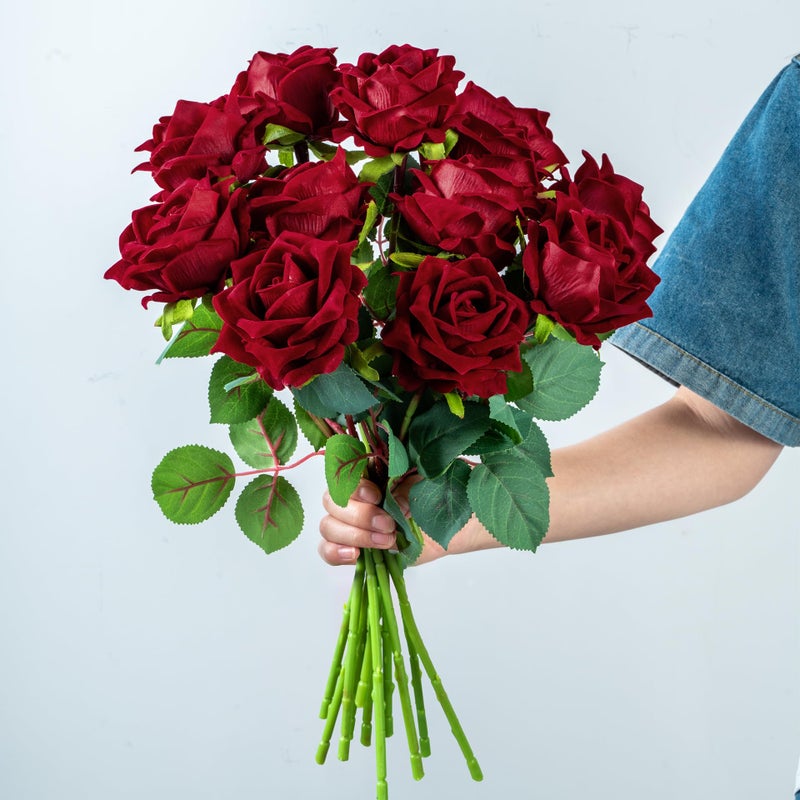 Ttranewsoo Fake Roses Faux Flowers Silk Roses Artificial Roses with Stems Realistic Artificial Flowers Suitable for Indoor Home Decoration DIY Bouquet Wedding Decor Party Decor 16.5In (12PCS, Red) - Image 1
