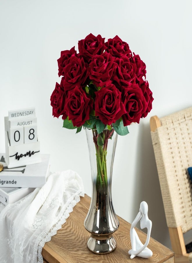 Ttranewsoo Fake Roses Faux Flowers Silk Roses Artificial Roses with Stems Realistic Artificial Flowers Suitable for Indoor Home Decoration DIY Bouquet Wedding Decor Party Decor 16.5In (12PCS, Red) - Image 3