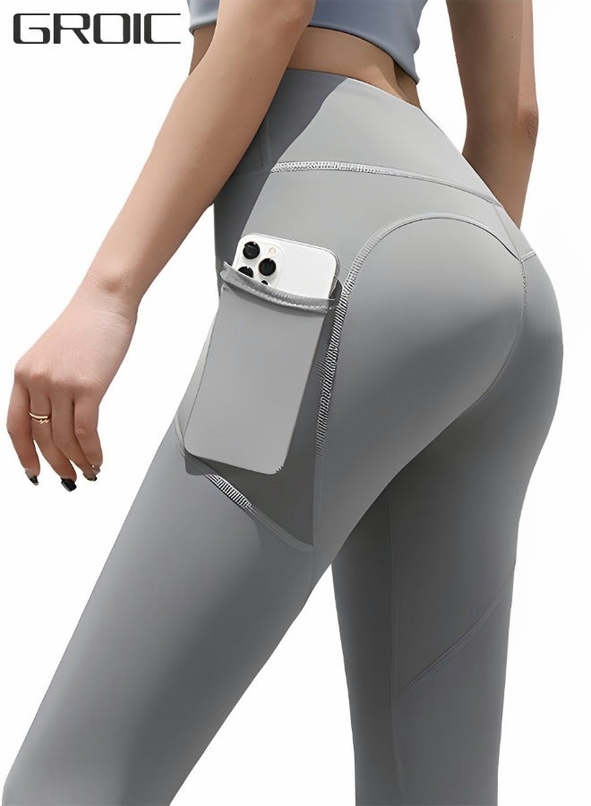 GROIC Women's High Waist Yoga Pants with 2 Pockets, Breathable Tummy Control Yoga leggings with Pockets for Workout, Gym, Sport, Outdoor Grey Size M - Image 1