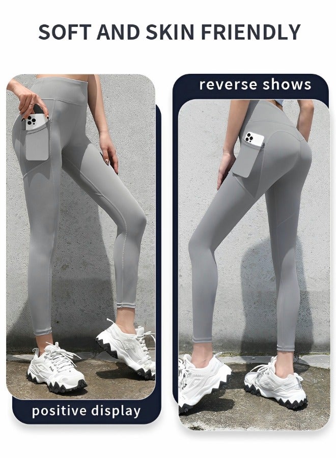GROIC Women's High Waist Yoga Pants with 2 Pockets, Breathable Tummy Control Yoga leggings with Pockets for Workout, Gym, Sport, Outdoor Grey Size M - Image 4