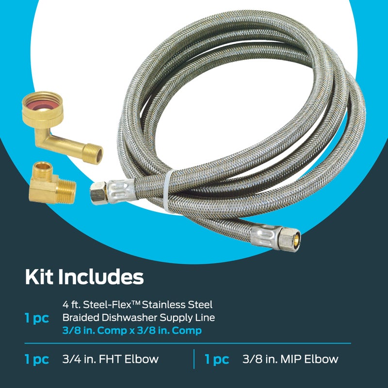 Eastman 4 Ft. Dishwasher Installation Kit, Braided Stainless Steel Supply Line with 3/8 Inch Compression Ends, 41037 - Image 3