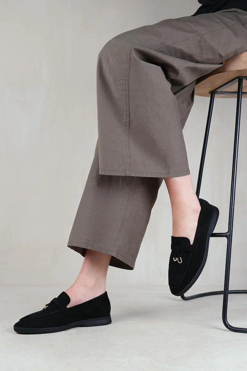 Where's That From Pegasus Slip On Trim Loafers With Accessory Detailing In Black Suede