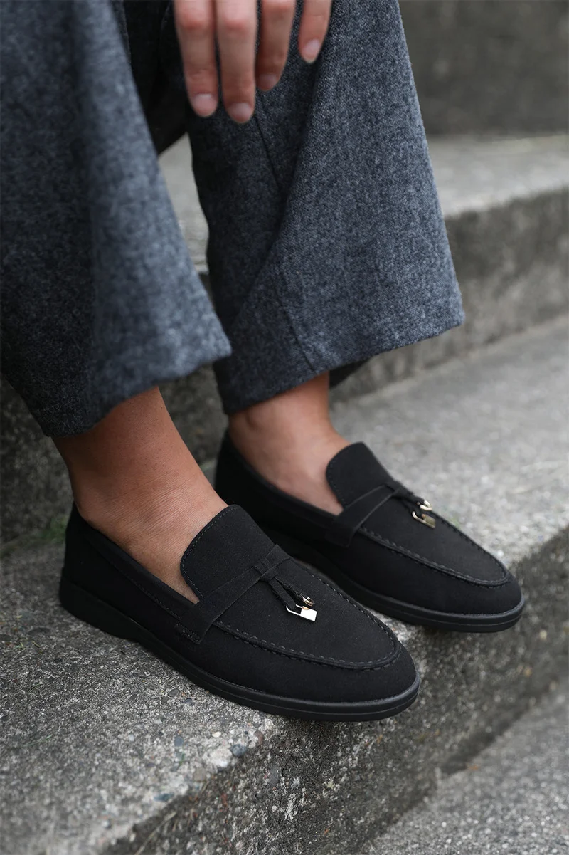 Where's That From Pegasus Slip On Trim Loafers With Accessory Detailing In Black Suede
