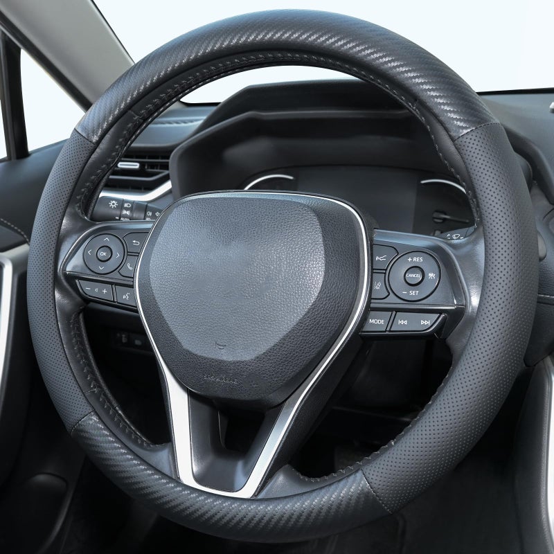 Uxcer Carbon Fiber Leather Steering Wheel Cover, Universal 14.5â€“15 Inch Non-Slip Breathable Steering Wheel Cover for Cars, Carbon Fiber - Image 1