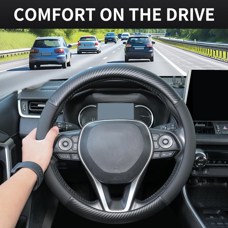 Uxcer Carbon Fiber Leather Steering Wheel Cover, Universal 14.5â€“15 Inch Non-Slip Breathable Steering Wheel Cover for Cars, Carbon Fiber - Image 4