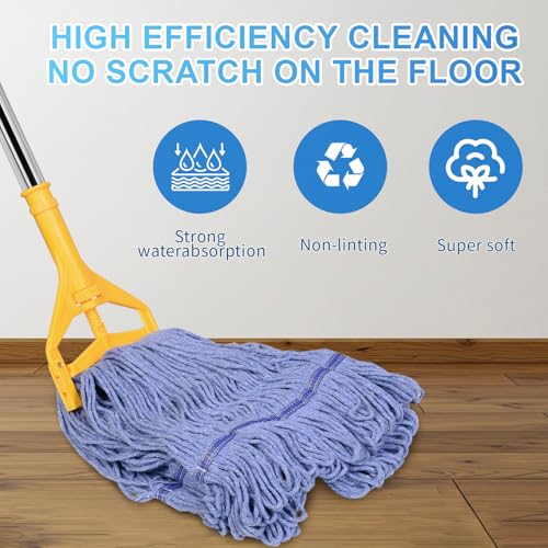 HiBaby Commercial Mop with Extra Head Replacement 63Inch Handle Heavy Duty Industrial Mop LoopedEnd String Wet Mops for Floor Cleaning for Warehouse Workshop Garage Office Home 2 Mops Head - Image 3