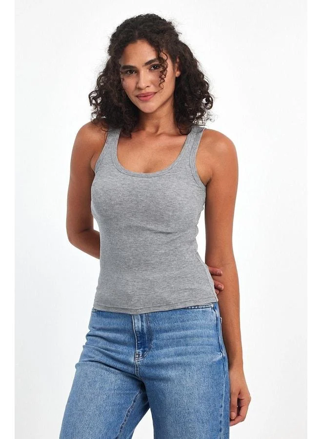 mmetalic Women’s Grey Ribbed-Effect Strappy Thick Stretch Knit Basic Crop Tank Top